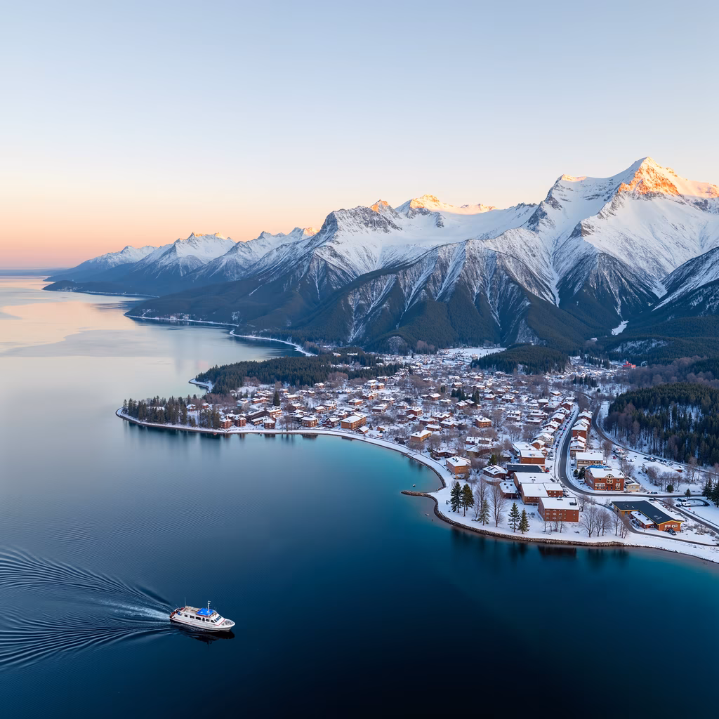 Aerial view of snowy mountains and a tranquil lake at sunset.