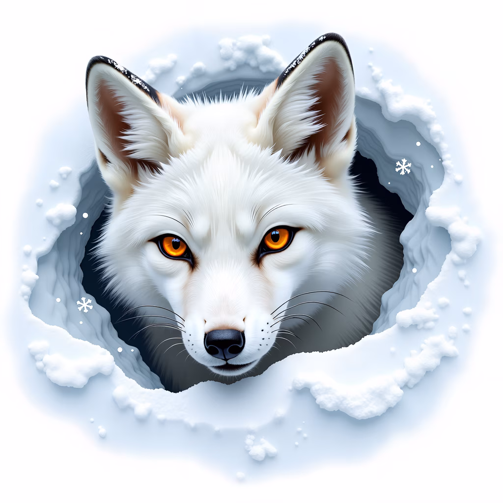 Close-up of a white wolf with orange eyes in a snowy landscape.