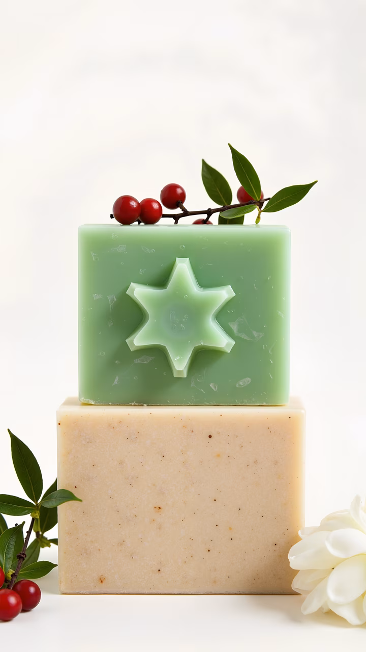 Natural soap bars with organic elements and soft lighting.