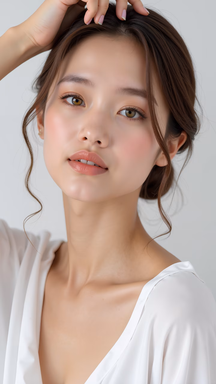 A soft, ethereal portrait of a beautiful woman with gentle makeup and loose waves, wearing a white blouse against a neutral gray background.