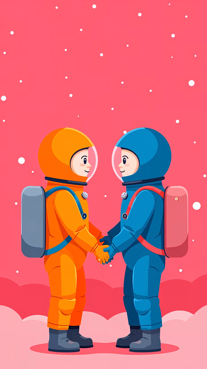 Two astronauts in space, shaking hands against a pink starry sky, symbolizing friendship and adventure.