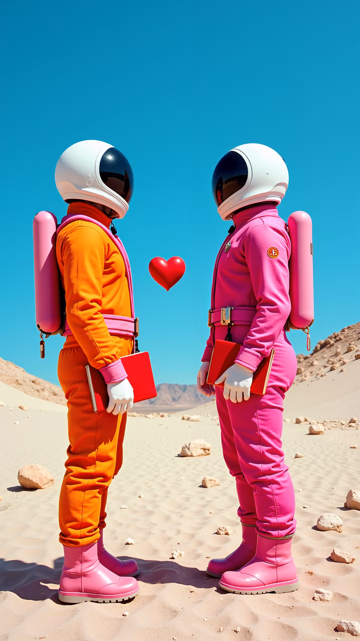 Two astronauts in colorful spacesuits share a heart in a desert landscape, symbolizing love and connection.