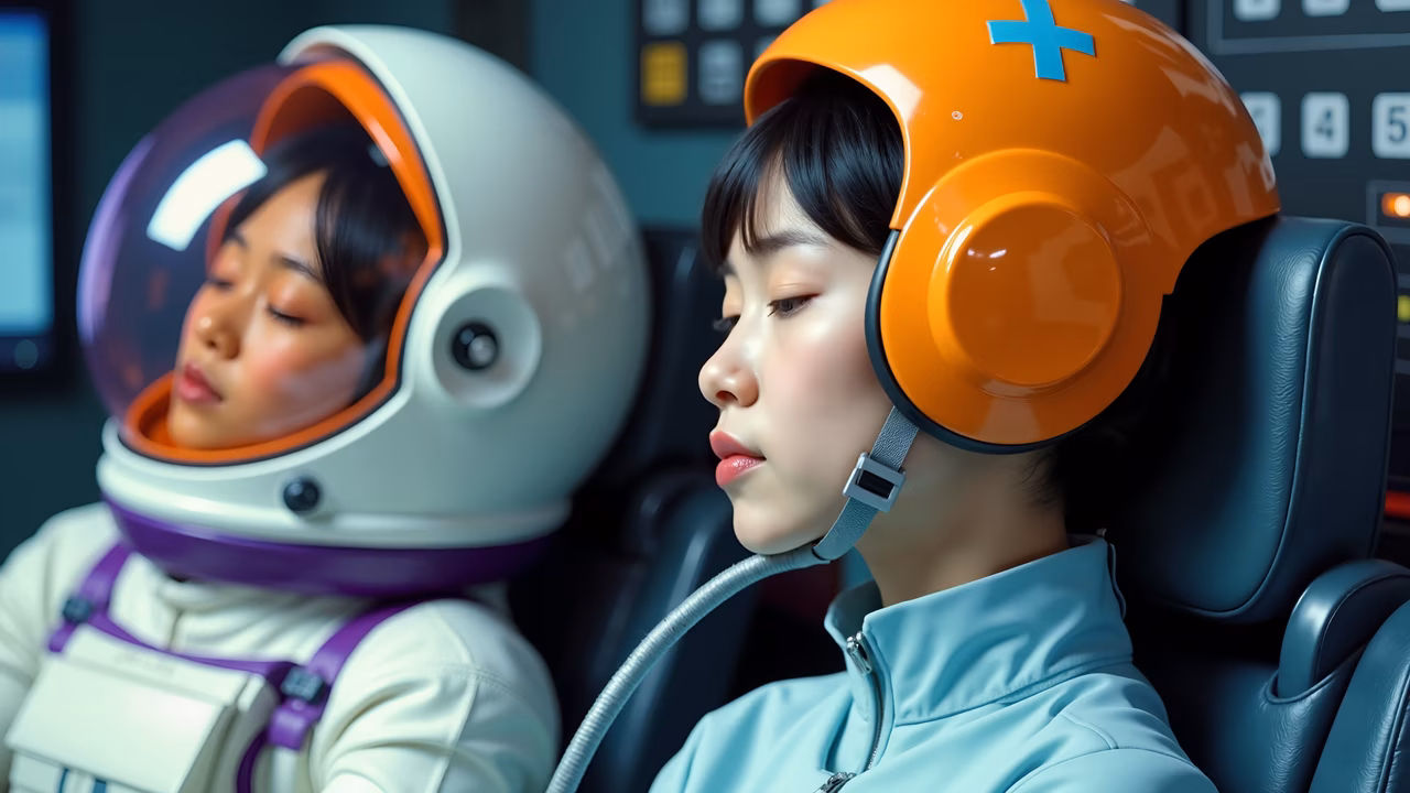 Two astronauts in a futuristic spacecraft, one asleep and the other focused.