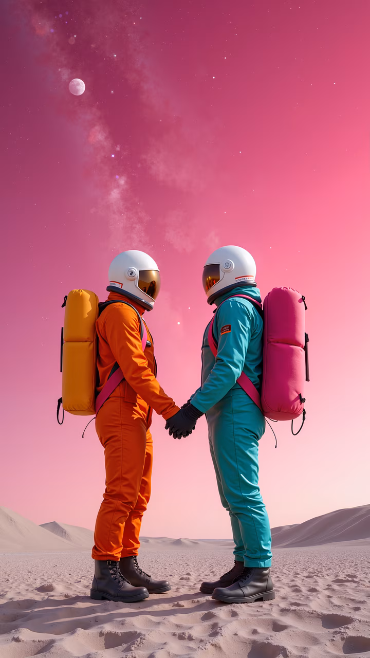 Astronauts in colorful space suits hold hands under a pink sky, evoking romance and wonder.