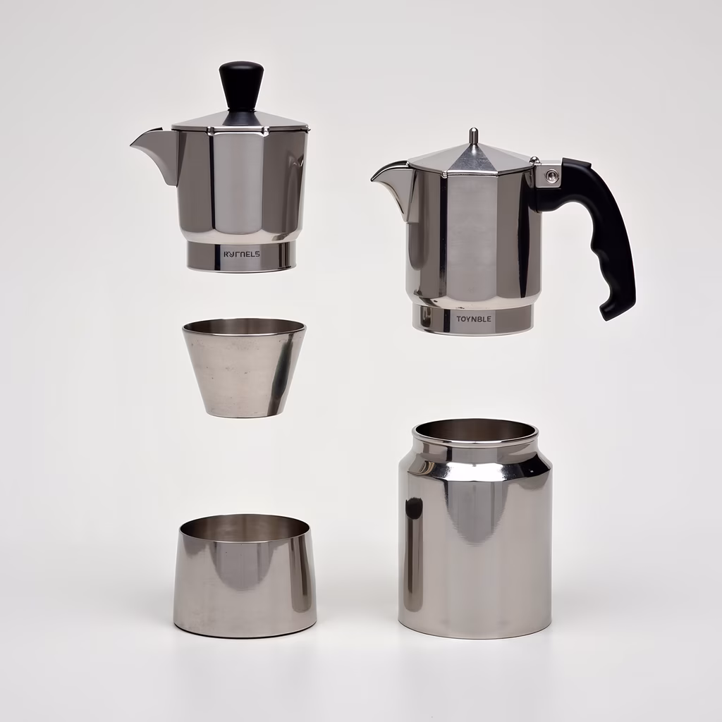 Sleek stainless steel espresso maker set for modern kitchens.