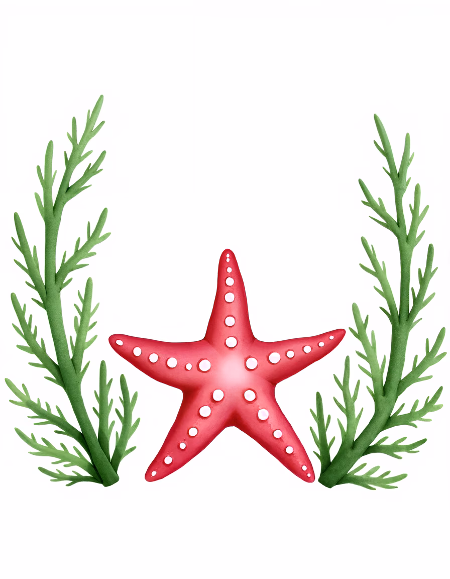 Vibrant red starfish with delicate green seaweed, marine life illustration