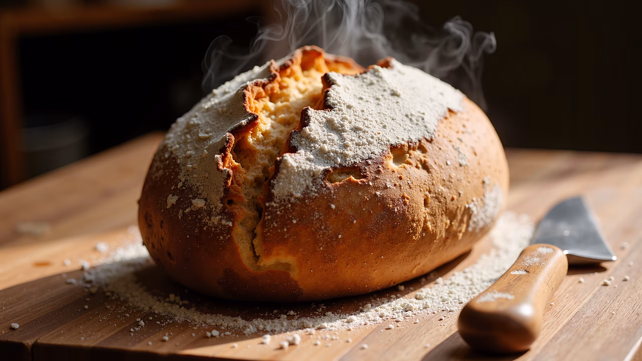 Freshly baked bread with powdered sugar and steam rising, creating a warm and inviting scene.