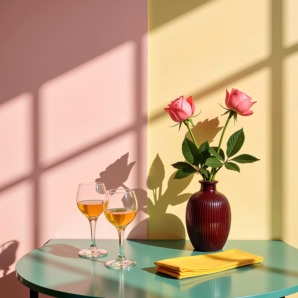 A tranquil still life scene featuring wine and roses in a colorful setting.