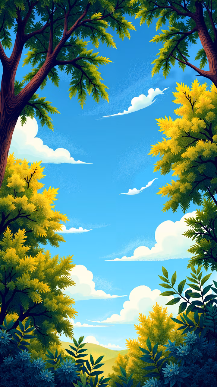 A tranquil summer landscape with vibrant foliage and a clear blue sky.