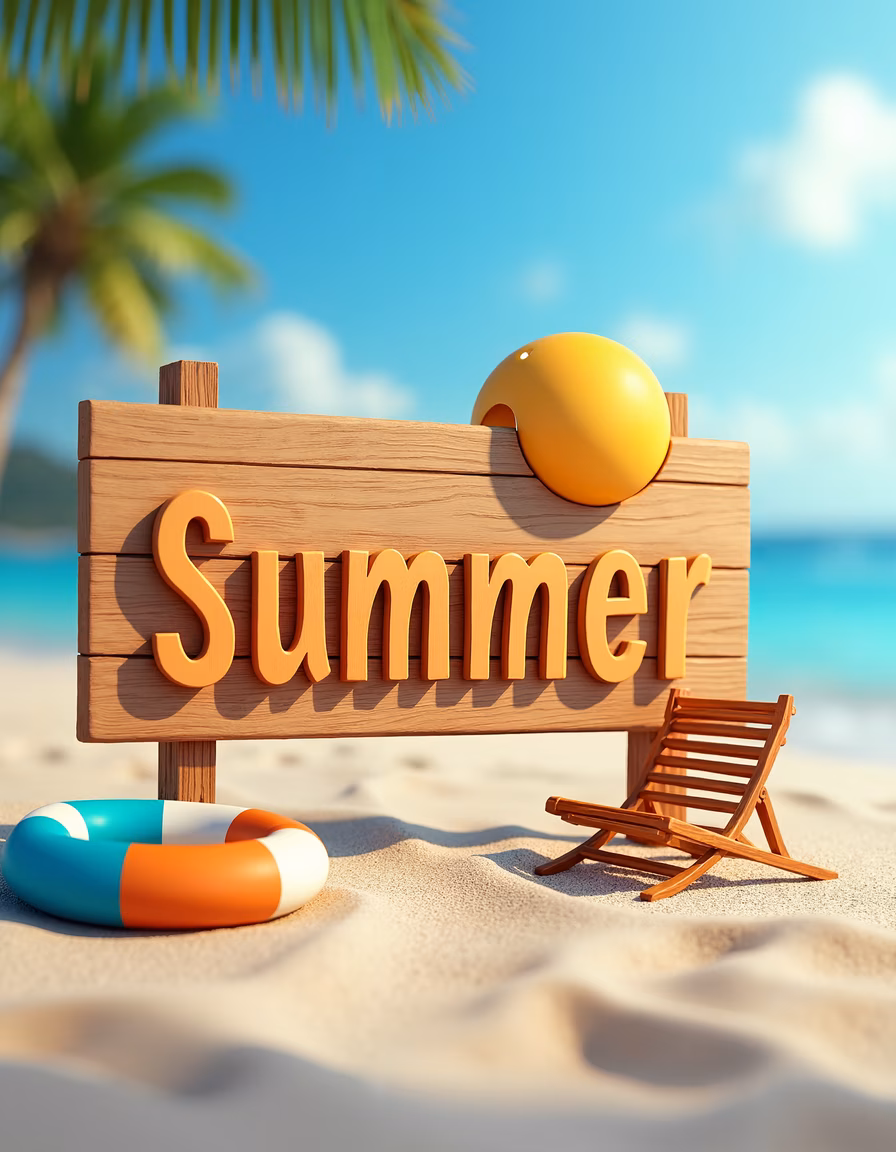 Vibrant summer signage with beach accessories on a sunny day.