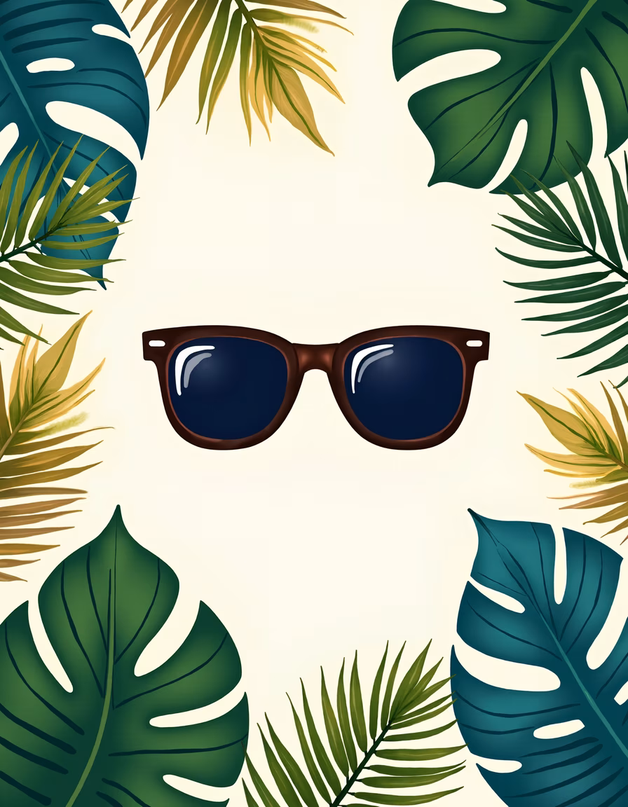 Stylish sunglasses surrounded by tropical foliage, perfect for summer fashion enthusiasts.