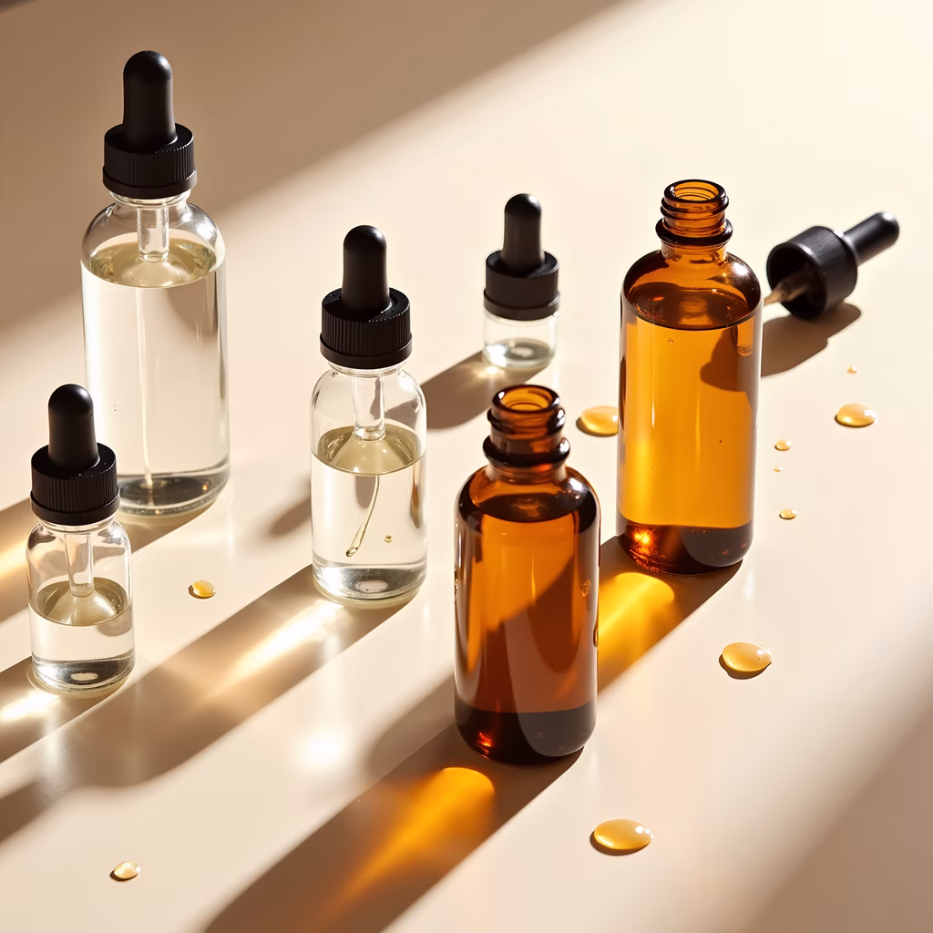 Sunlit bottles showcasing various liquids on a clean surface.