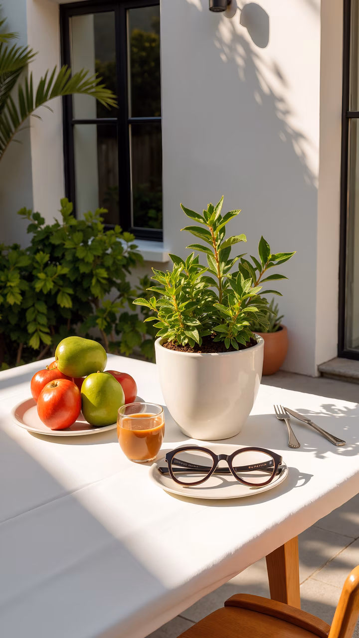 A peaceful breakfast setup under the sun, featuring apples, juice, glasses, and a potted plant.