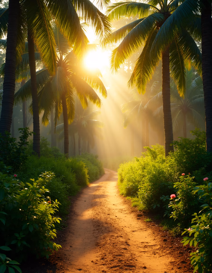 Golden sunlight filters through palm trees, creating a tranquil pathway through lush greenery.