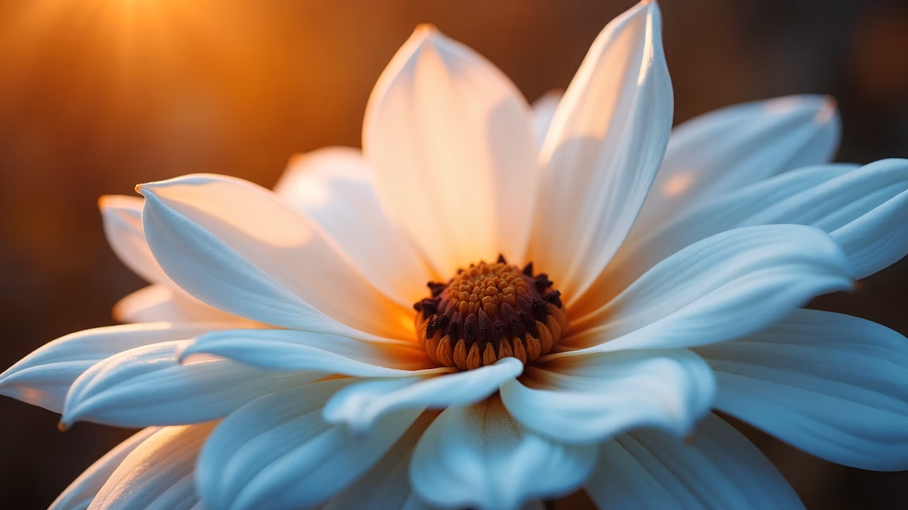 Close-up of a sunlit white flower with delicate petals and vibrant center.