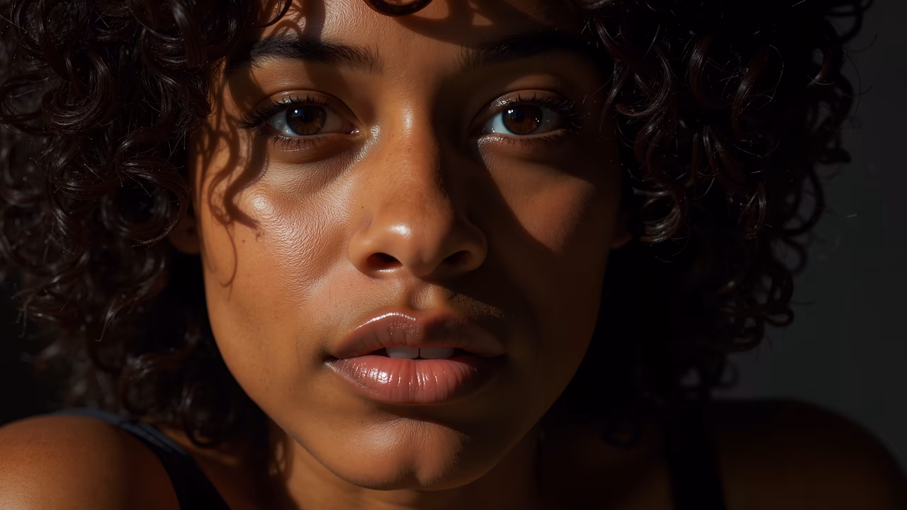 Close-up portrait of curly hair and expressive eyes illuminated by natural sunlight.