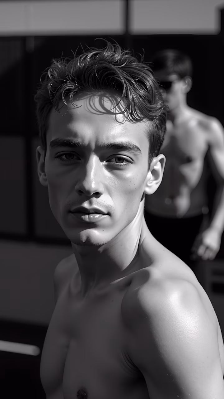 Dramatic black-and-white portrait of a young man with intense gaze and sharp shadows.
