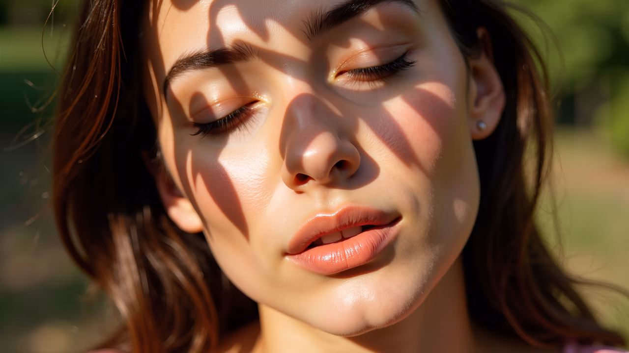 Close-up portrait of serene beauty under natural sunlight.
