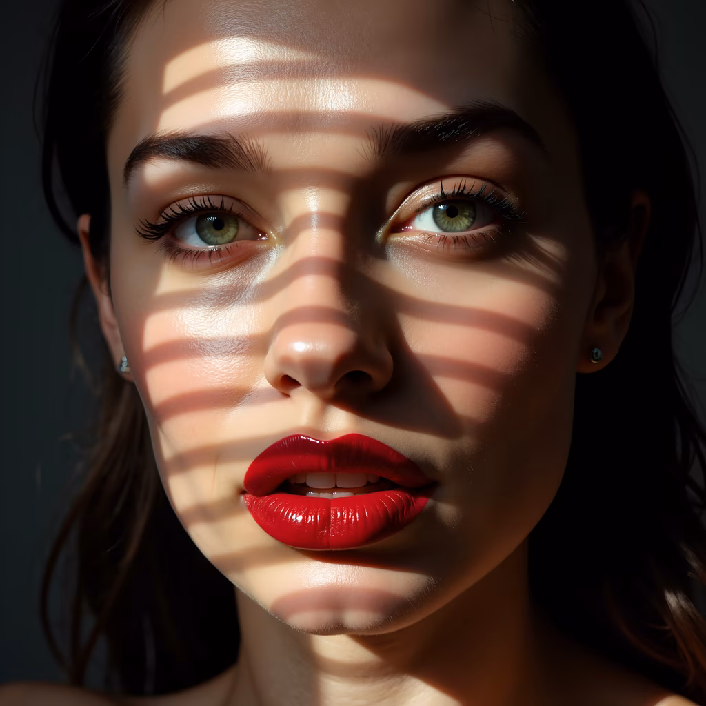 Close-up portrait with dramatic lighting and striking features.
