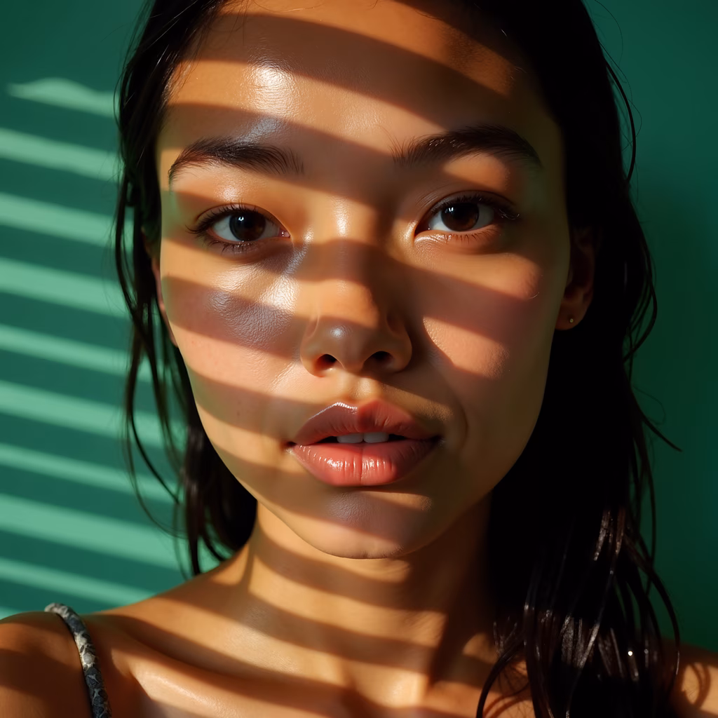 Close-up portrait with dramatic lighting and vibrant green background.