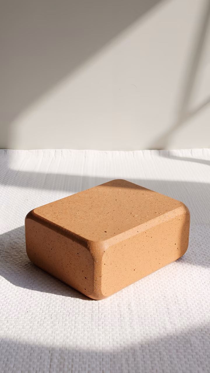 A sunlit yoga brick casting shadows on a textured white surface, minimalistic and serene.