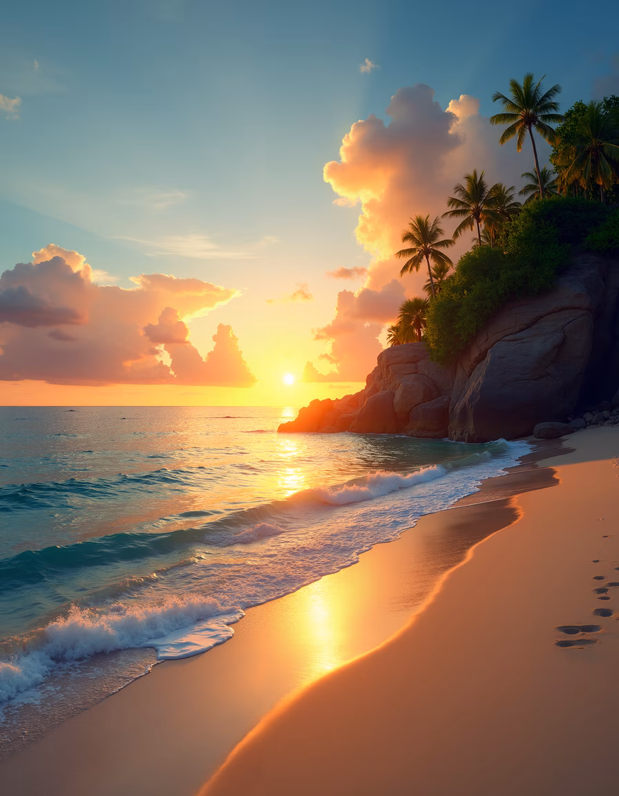 A beautiful sunset beach scene with palm trees and soft waves.