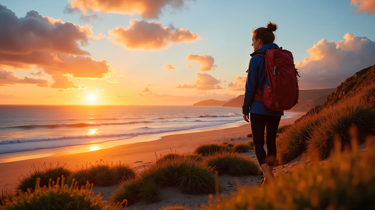 A solitary figure enjoys a tranquil sunset walk on a picturesque beach.