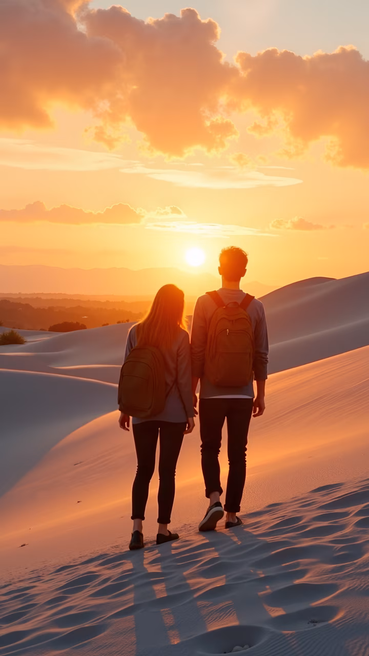 Two travelers enjoying a peaceful sunset in the desert.