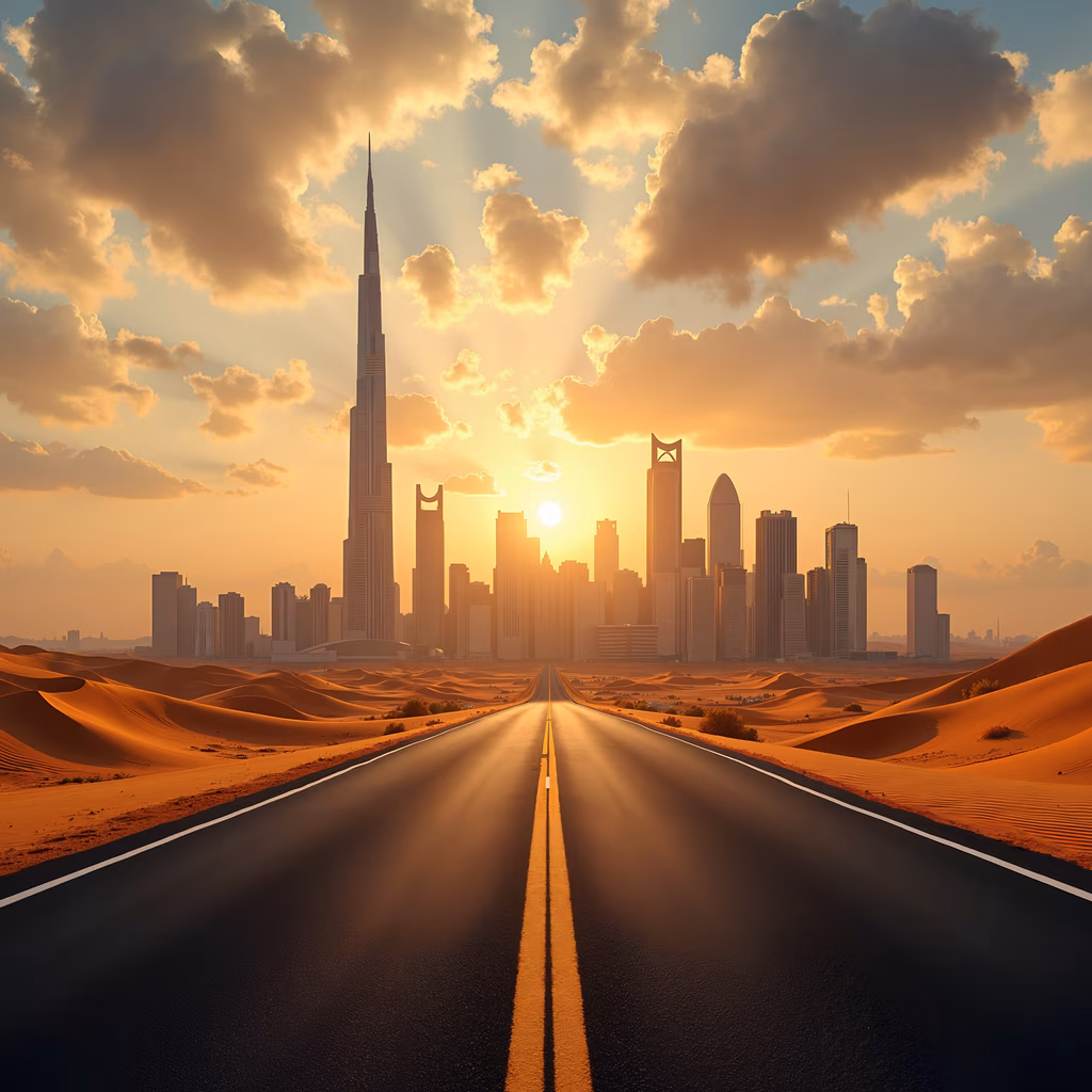 Sunset road leading to Dubai's iconic skyline, blending urban and natural beauty.