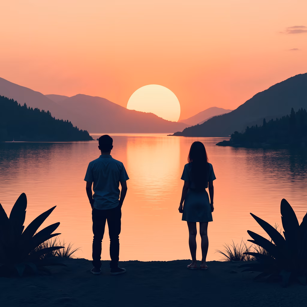 Romantic sunset silhouette couple by tranquil lake