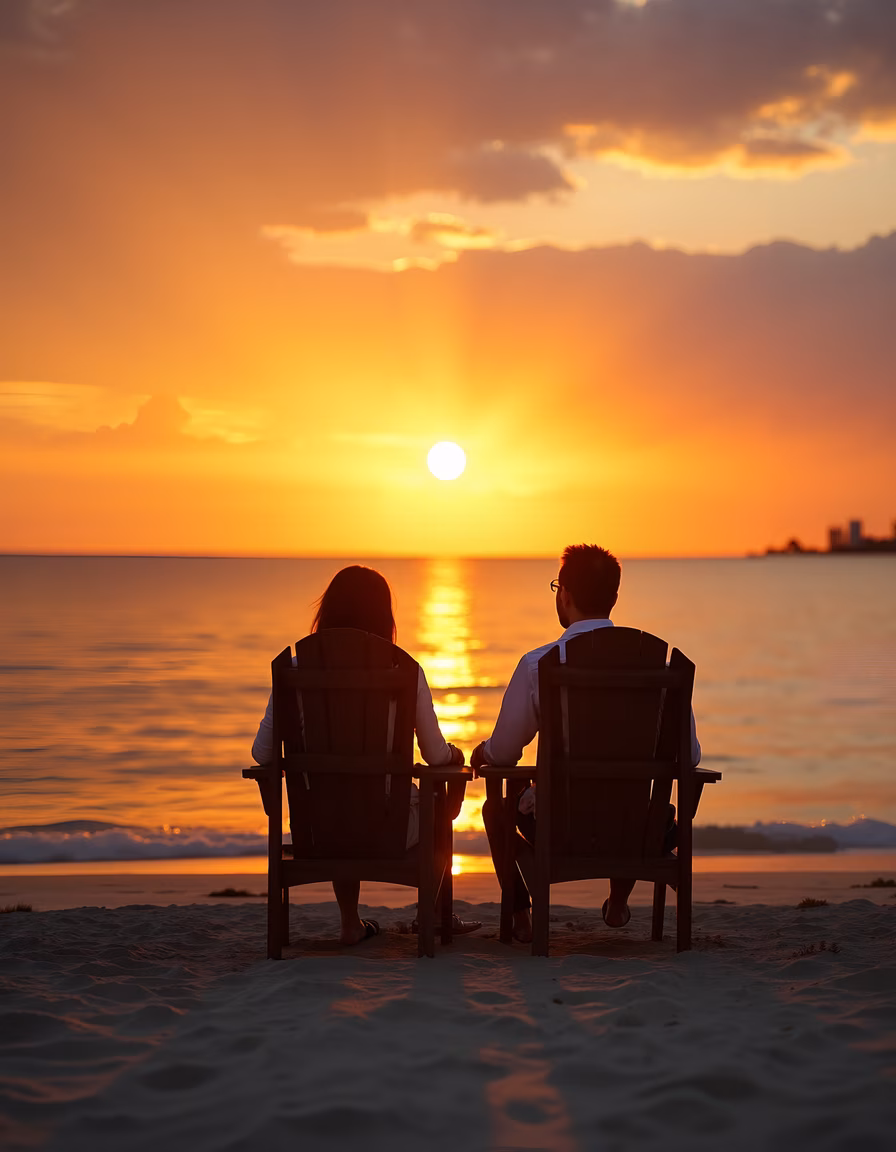 Two people enjoying a romantic sunset by the sea.
