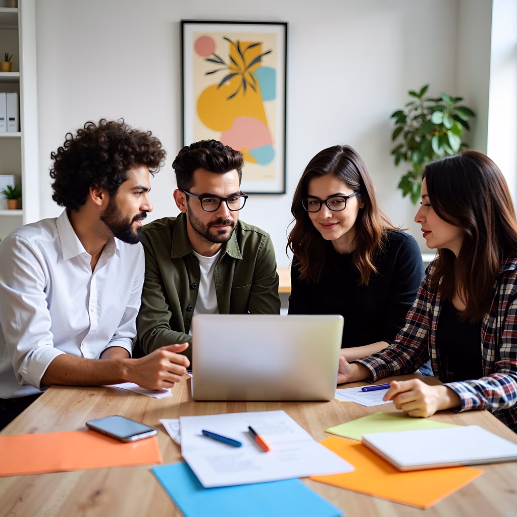 Four professionals collaborating in a modern office setting.