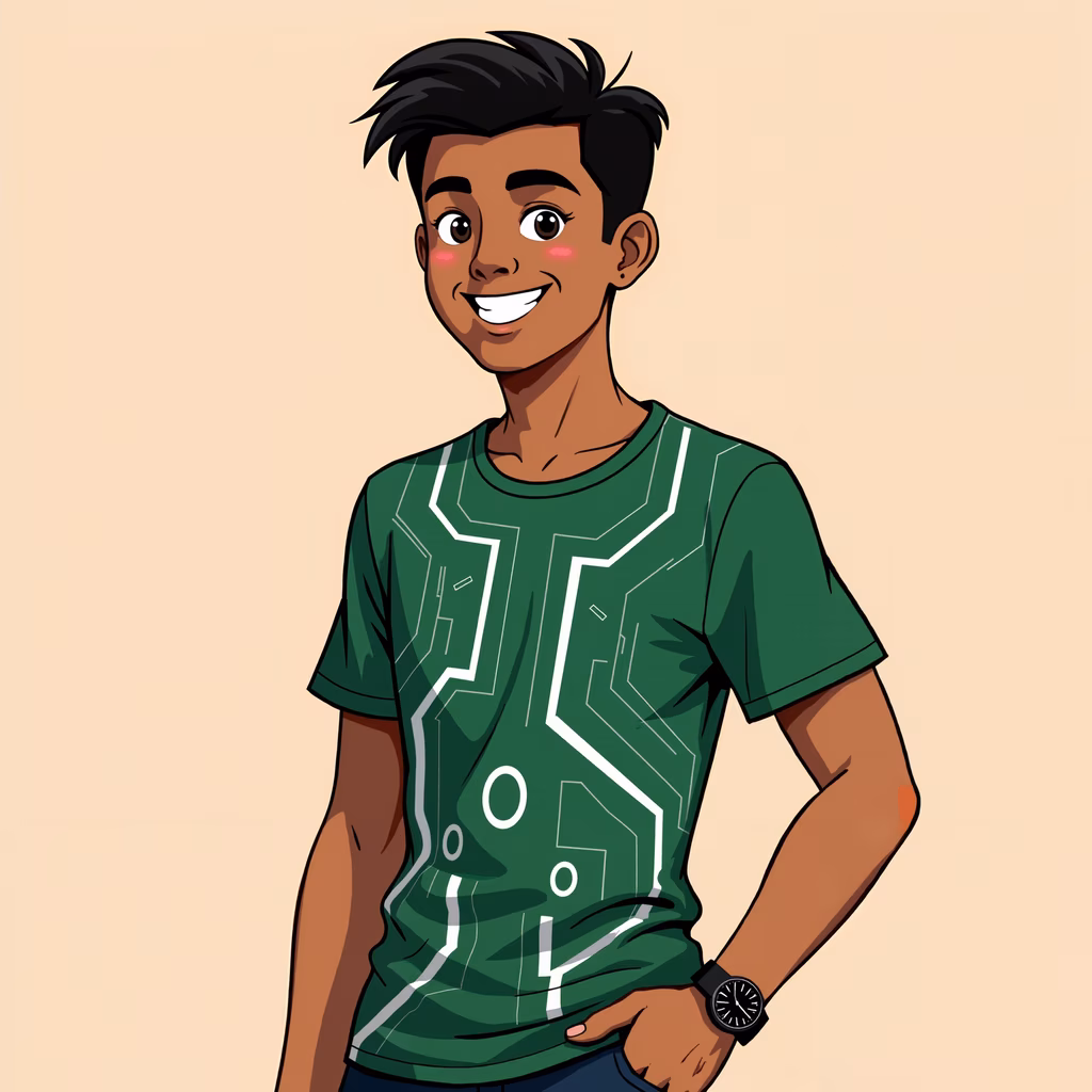 Futuristic fashion illustration featuring a tech-inspired T-shirt design.
