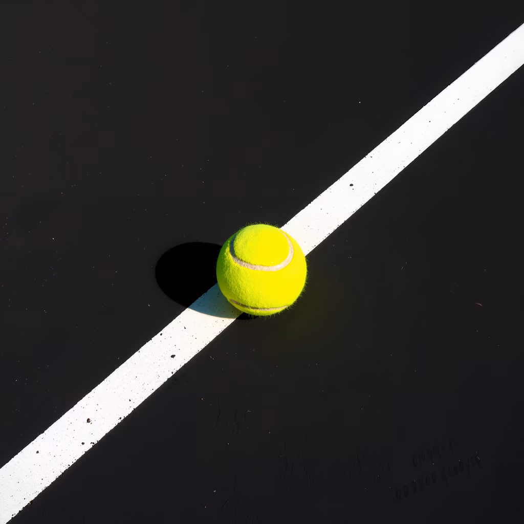 Bright yellow tennis ball on a black court with a white line, symbolizing precision and focus in sports.