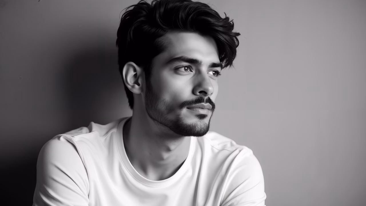Black-and-white portrait of a thoughtful young man.