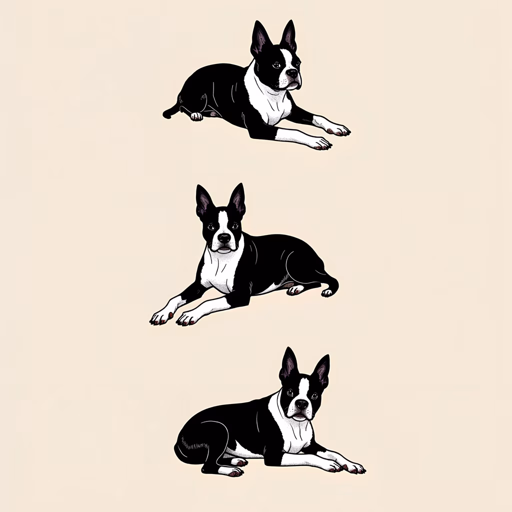 Minimalist illustration of three Boston Terriers lying down in black and white on a beige background.
