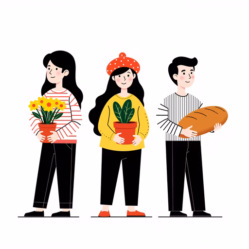 Three Friends with Flowers and Bread