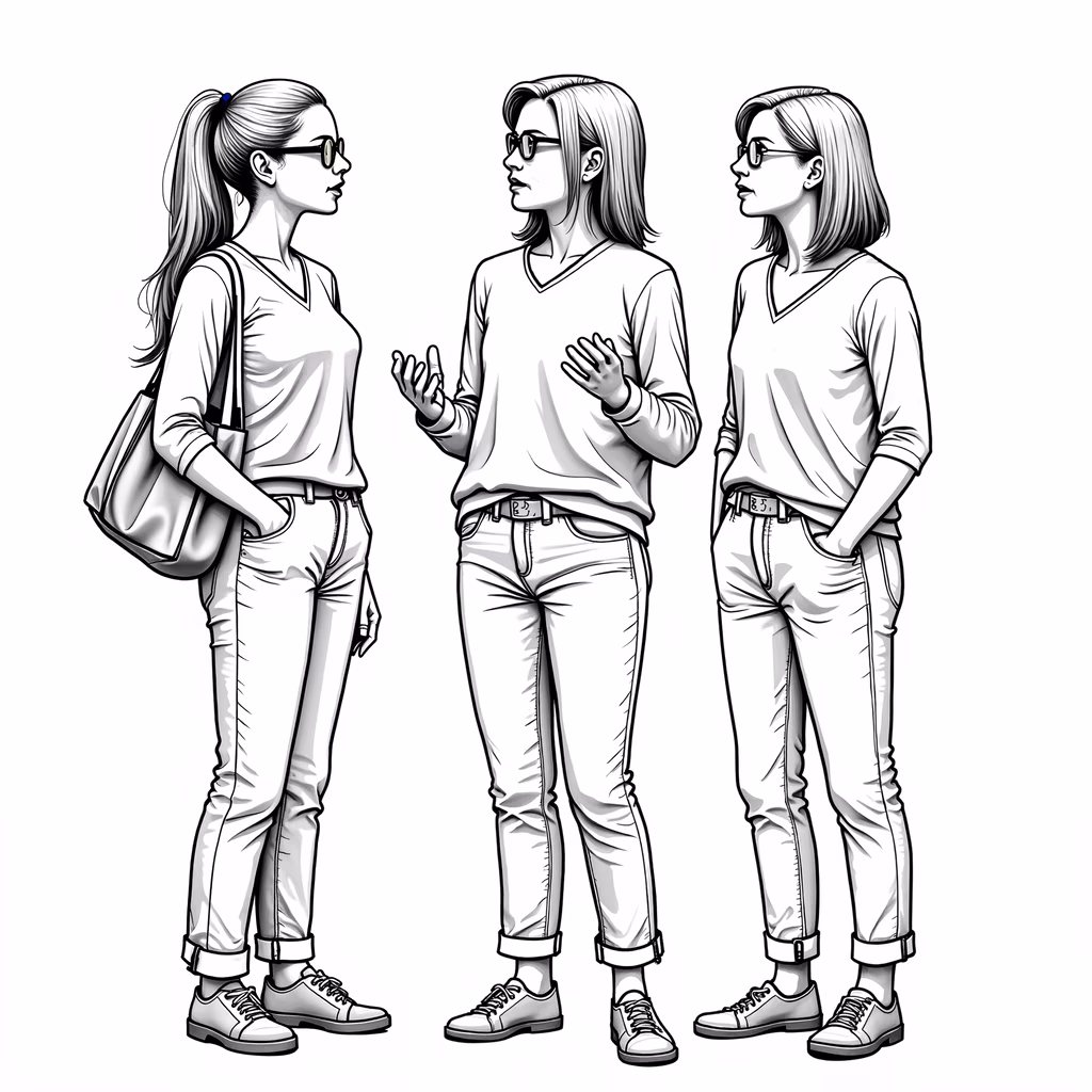 Three casual girls conversing in a dynamic black-and-white illustration.