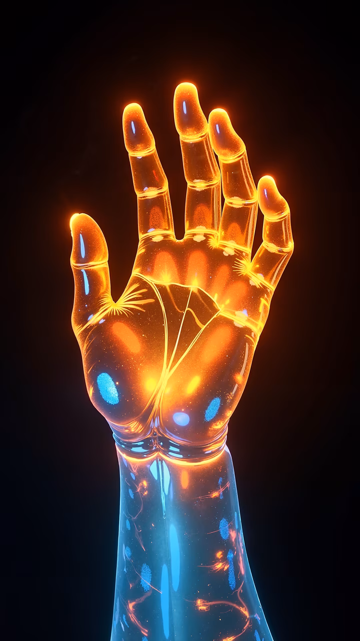 Translucent hand with glowing veins and blue highlights on a dark background.
