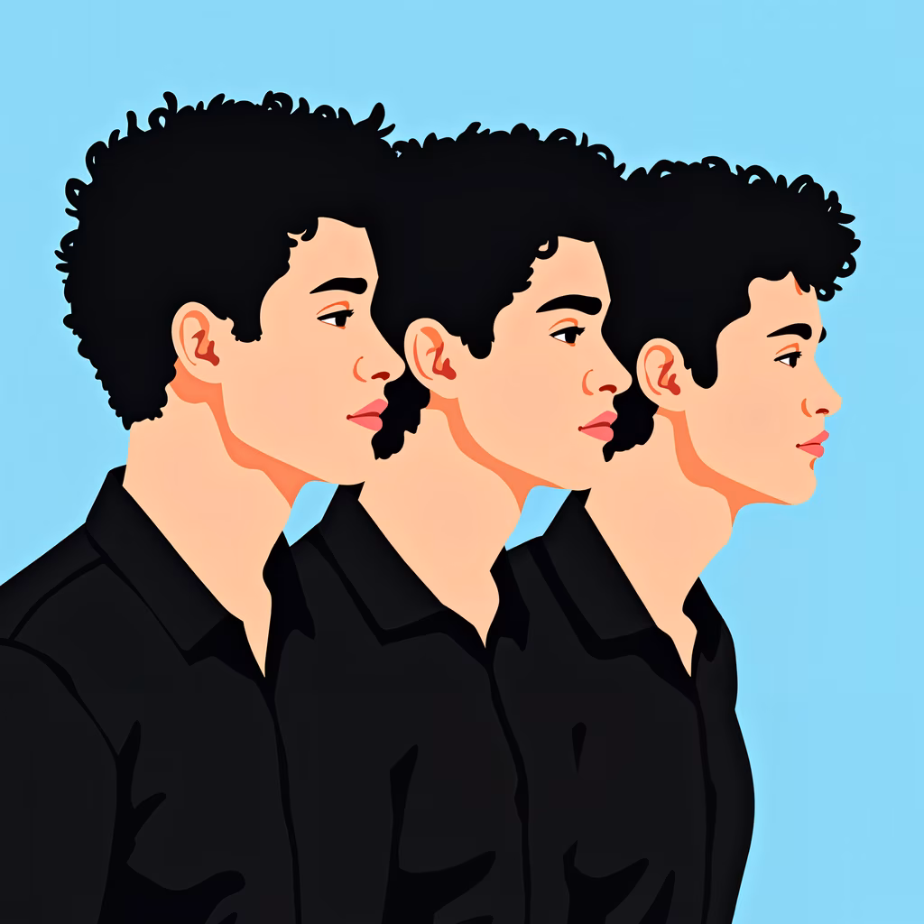Symmetrical portrait illustration with three identical profiles in black shirts against a blue background.