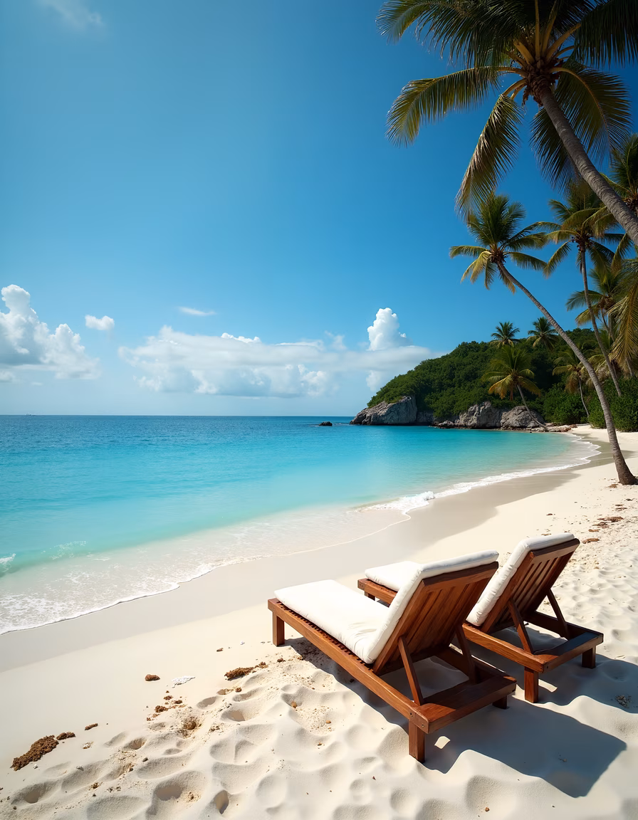 Relaxing beach scene with lounge chairs and turquoise waters.