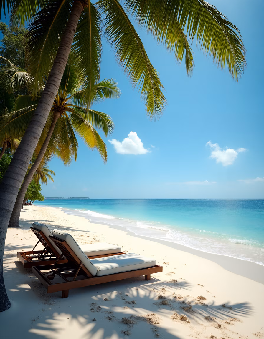 Relaxing tropical beach with lounge chairs and turquoise waters.