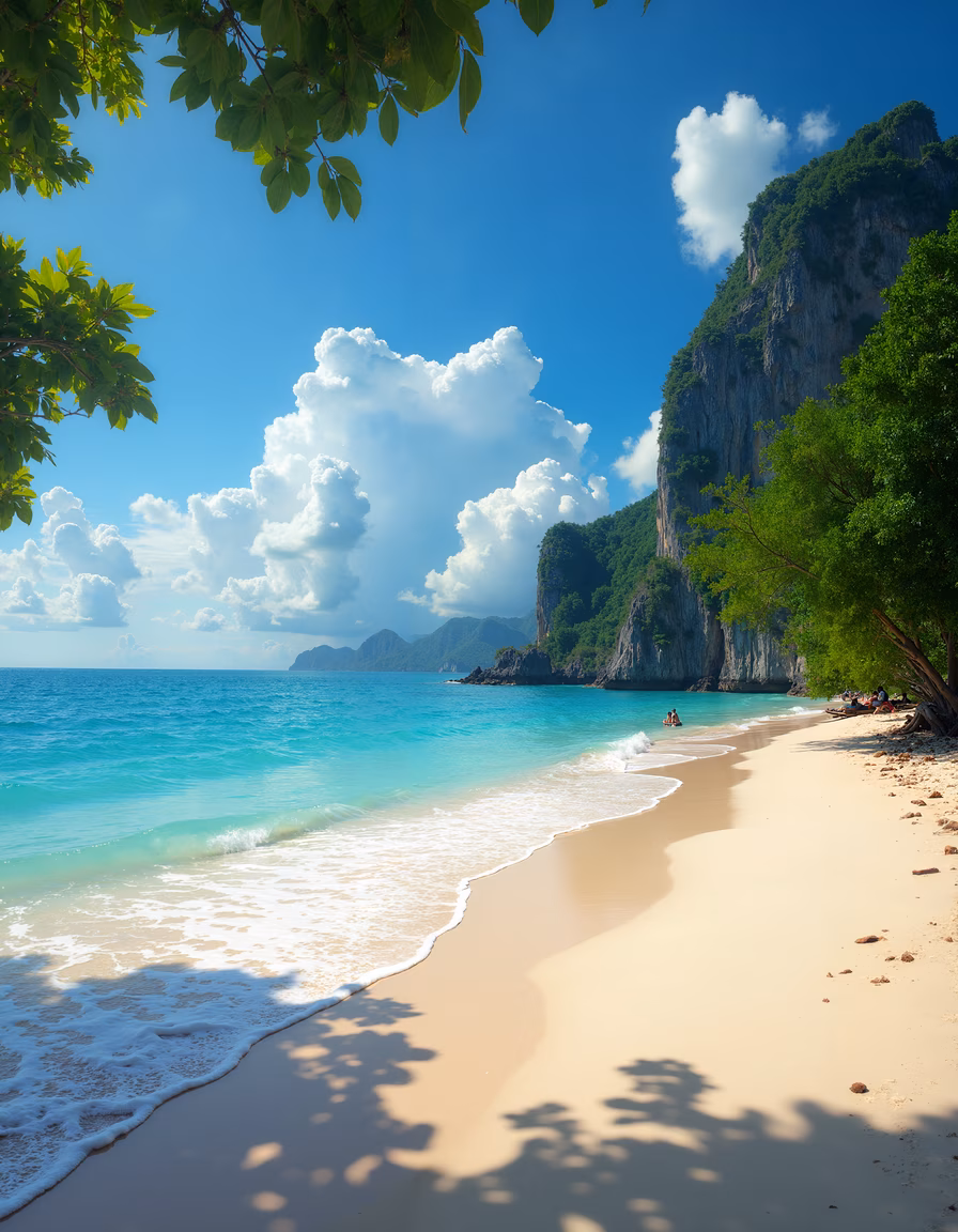 A tranquil tropical beach with turquoise waters and lush greenery.