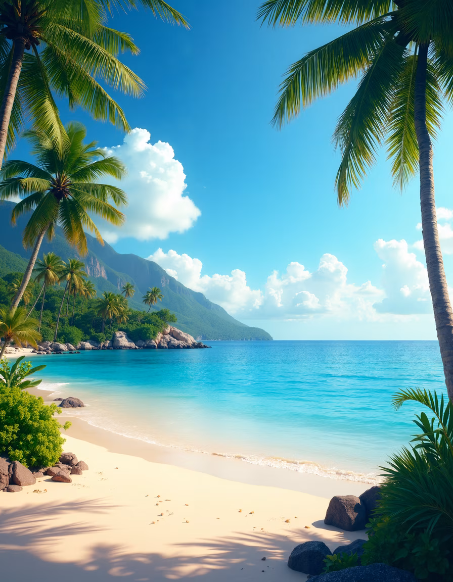 A tranquil tropical beach with palm trees and turquoise waters.
