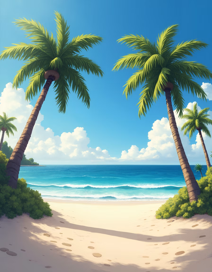 A tranquil tropical beach with palm trees and turquoise waters.