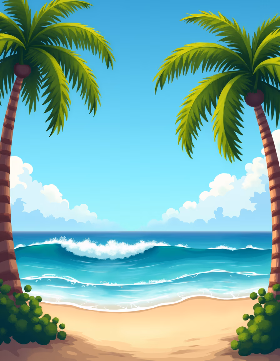 A tranquil tropical beach with palm trees and turquoise waters.