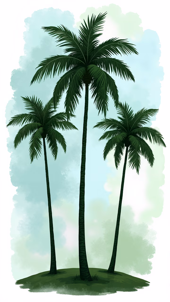 A tranquil tropical paradise with lush palm trees against a soft gradient sky.