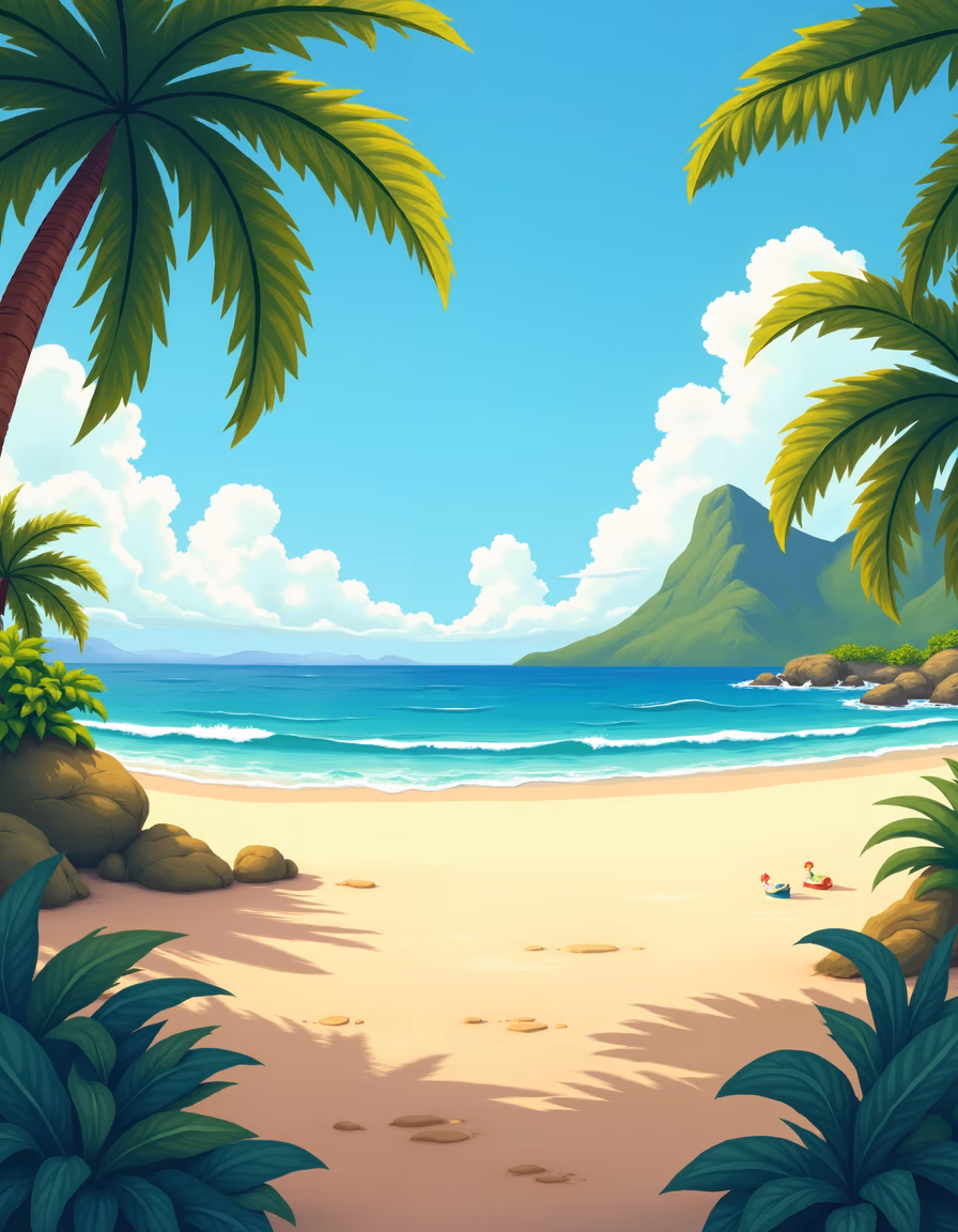 A peaceful tropical beach with palm trees and turquoise waters.