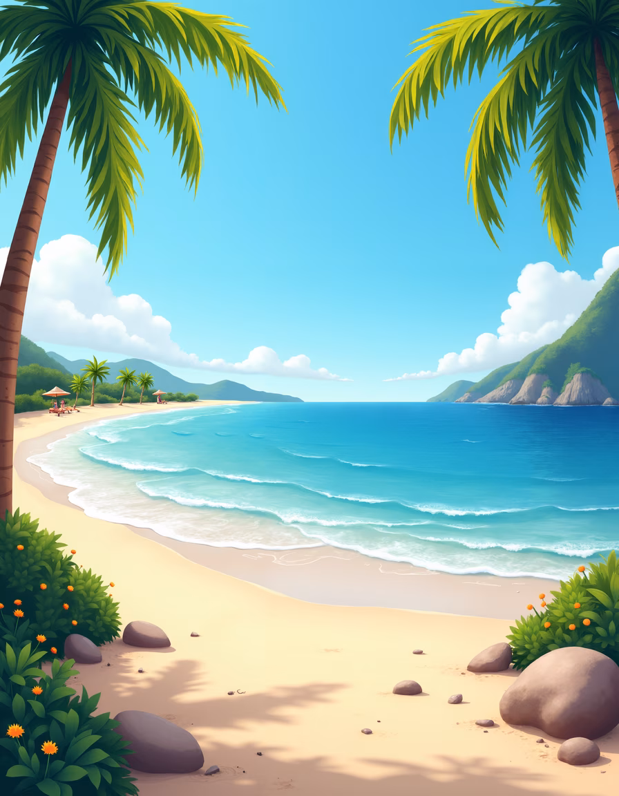 A tranquil tropical beach with palm trees and clear waters.