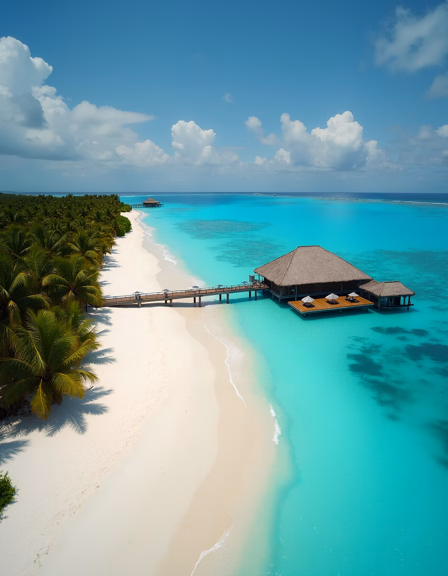 Aerial view of a tropical beach with overwater bungalows and lush palm trees.